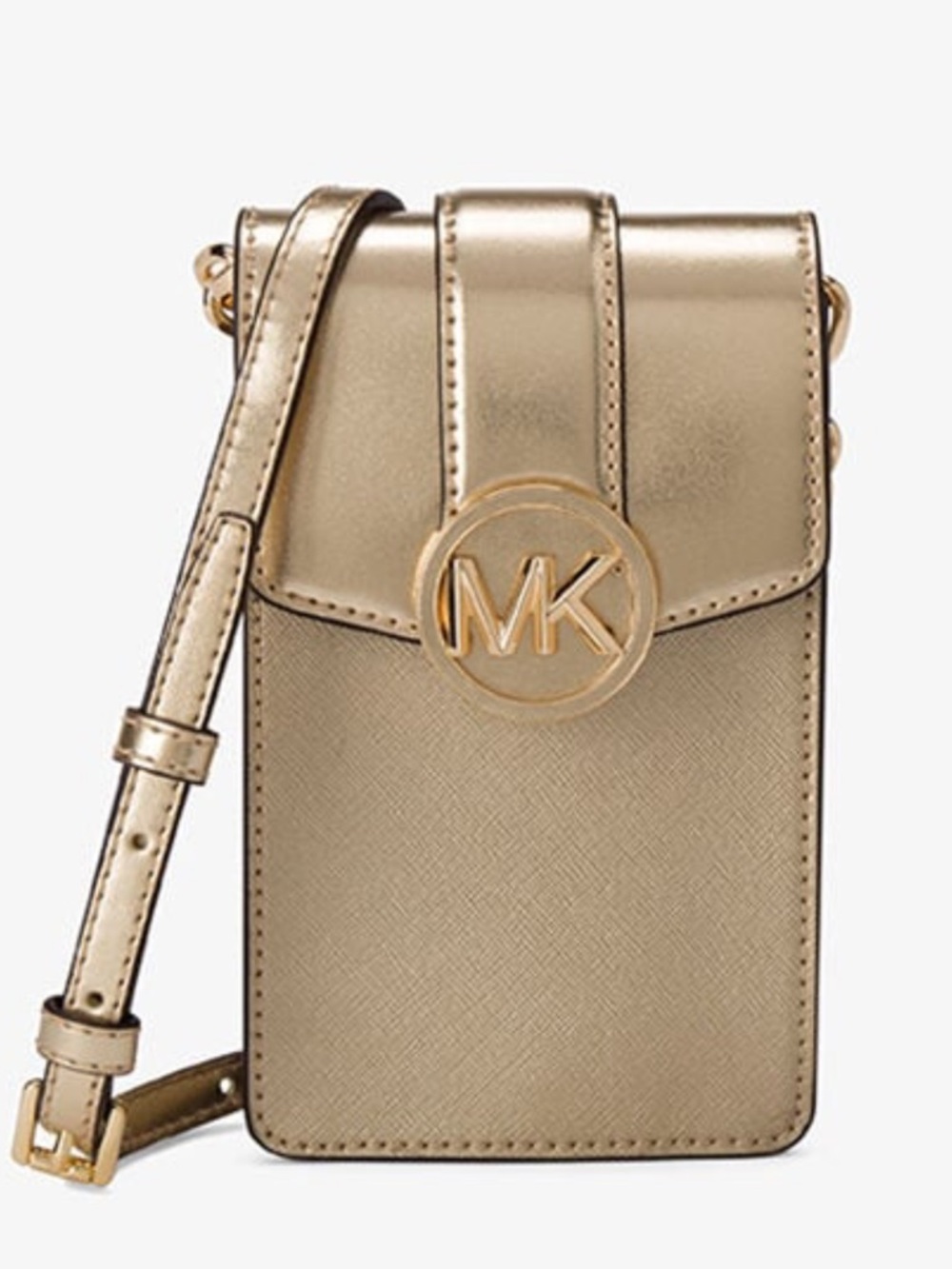 NWT Michael Kors Gold Carmen Small Metallic Smartphone Crossbody Bag